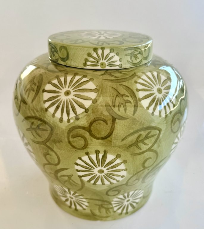 Medium Fat Olive Green Ceramic Jar With Lid